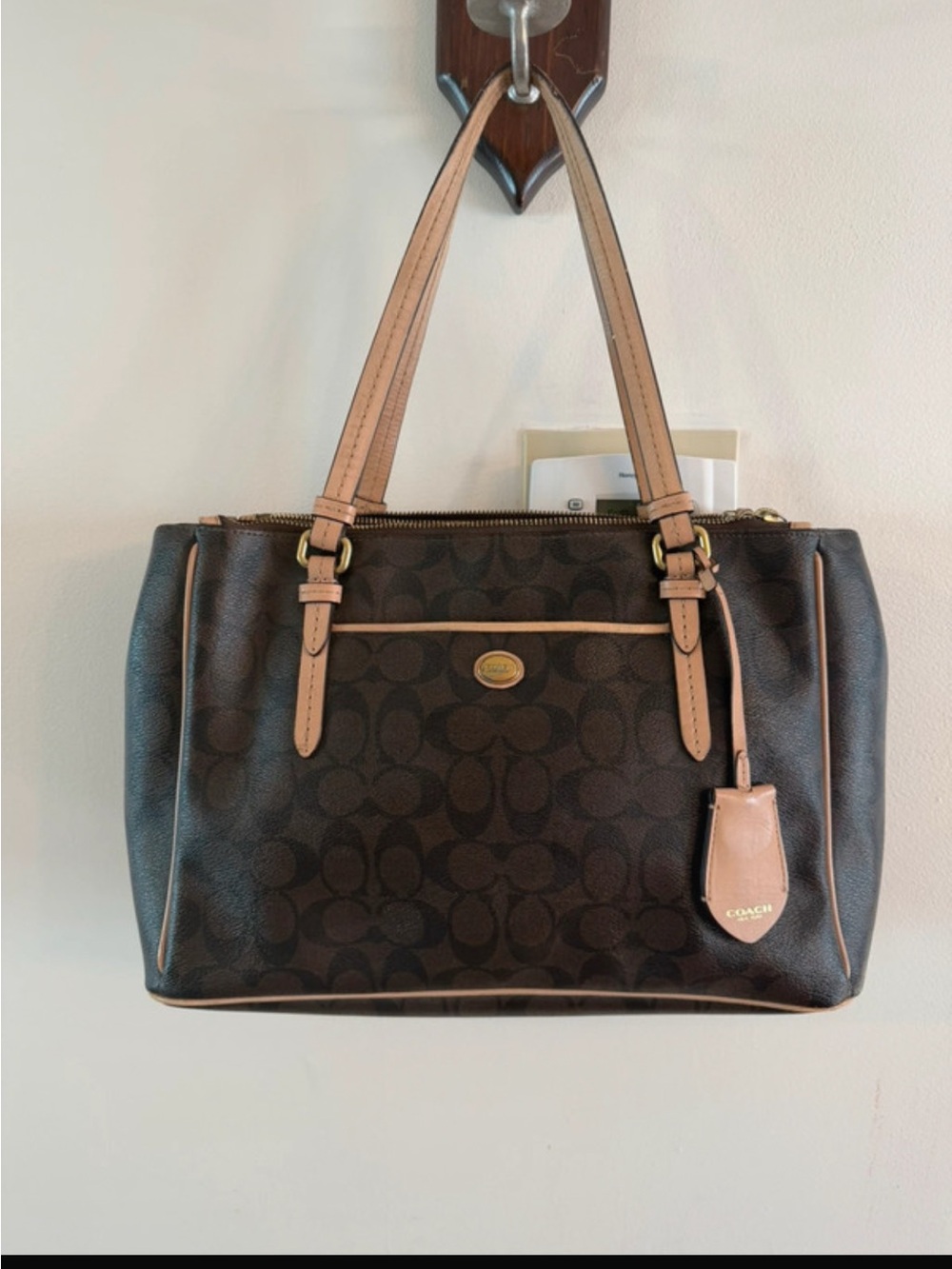 Coach Dark Brown Signature Shoulder Tote with Light Pink-Tan Trim
